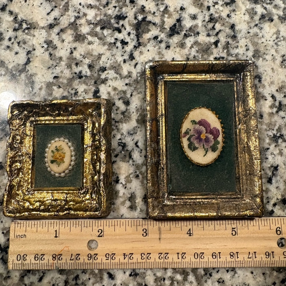 Vintage Petite Point Embroidered Framed Flowers